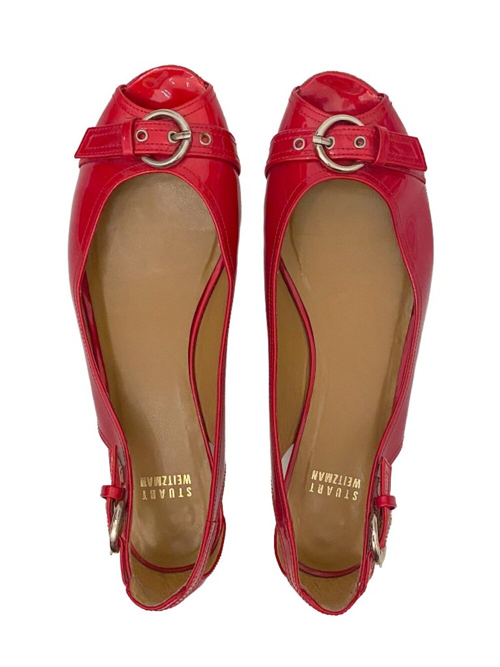 STUART WEITZMAN Red Patent Leather Chitchat Peep Toe Flats Sz 8M Buckle Hardware